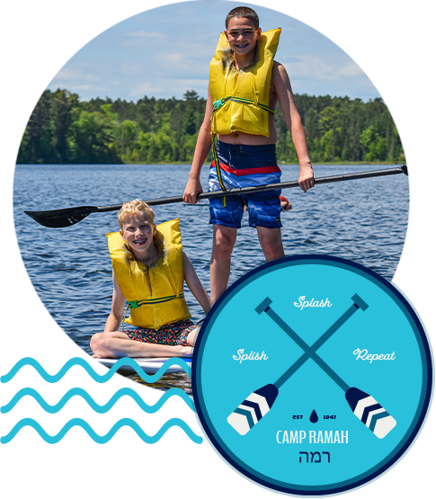Campers in life vests on a stand up paddle board.