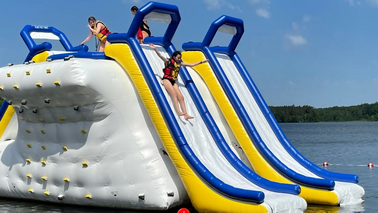 An inflatable water slide.