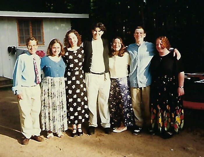 Scott (middle, in white shirt and black vest) with friends in Nivo 1996